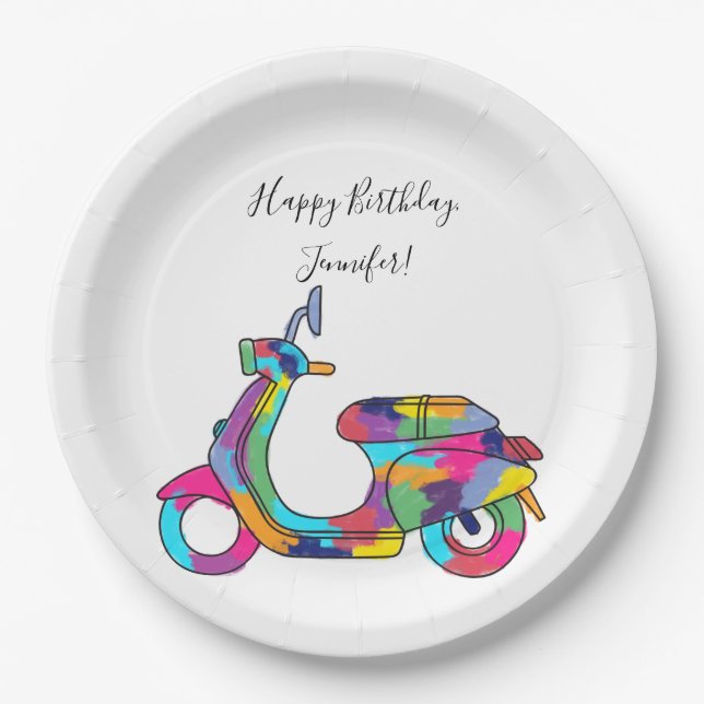 Rainbow Motor Scooter Moped Custom Message Paper Plate (Front)