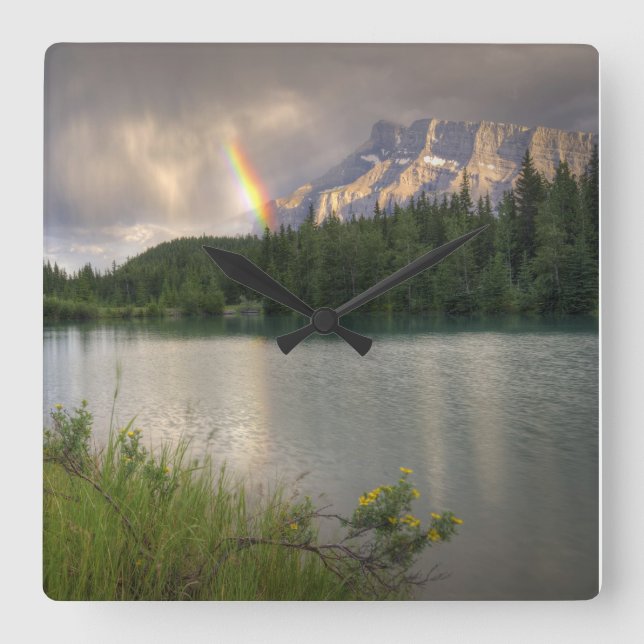 Rainbow & Mountains, Alberta Canada Square Wall Clock (Front)