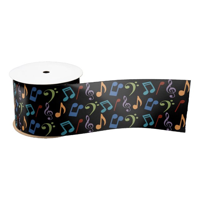 Rainbow Music Notes (Black) Satin Ribbon (Spool)
