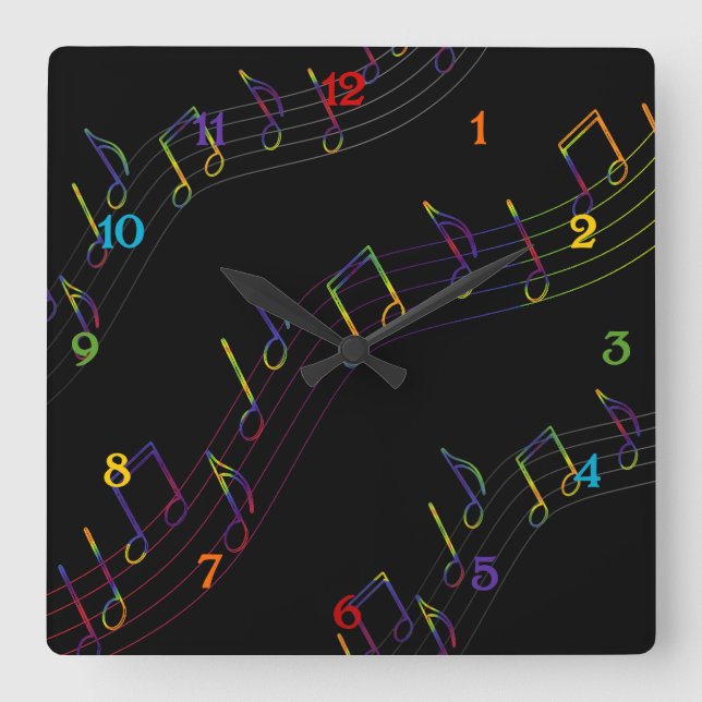 Rainbow Musical Notes Square Square Wall Clock (Front)