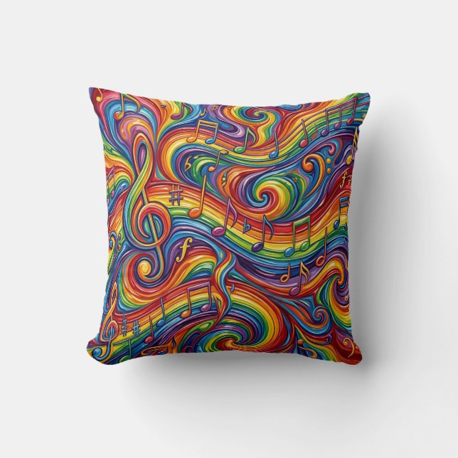 Rainbow Musical Notes Throw Pillow (Front)