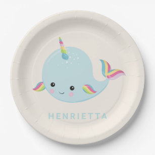 Rainbow Narwhal Kawaii Pattern Pastel Blue Name Paper Plate