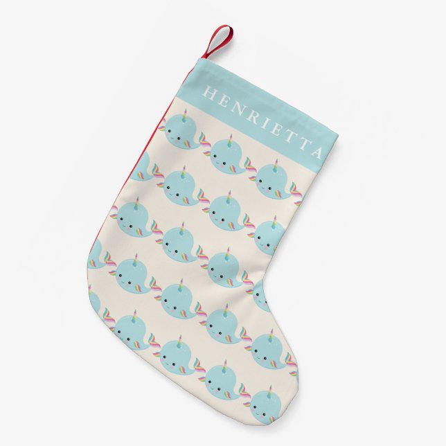 Rainbow Narwhal Kawaii Pattern Pastel Blue Name Small Christmas Stocking (Front (Hanging))