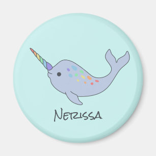 Rainbow Narwhal Name Round Magnet