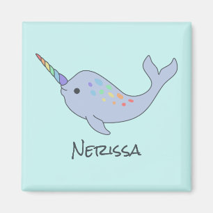 Rainbow Narwhal Name Square Magnet