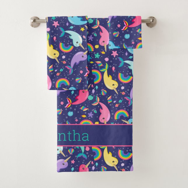 Rainbow Narwhal Under The Sea Girls Personalised Bath Towel Set (Insitu)