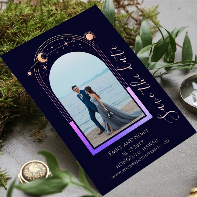 Rainbow Navy Blue Celestial Wedding Photo Save The Date (Creator Uploaded)