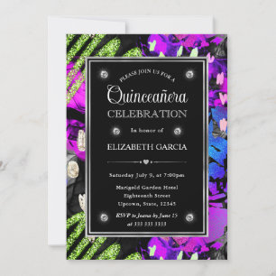 Rainbow Neon Abstract Glitter Frame Quinceanera Invitation