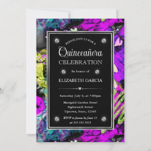 Rainbow Neon Abstract Glitter Frame Quinceanera Invitation