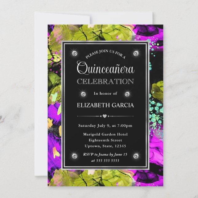 Rainbow Neon Abstract Glitter Frame Quinceanera Invitation (Front)