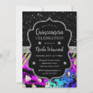 Rainbow Neon Abstract Glitter Quinceanera Invitation