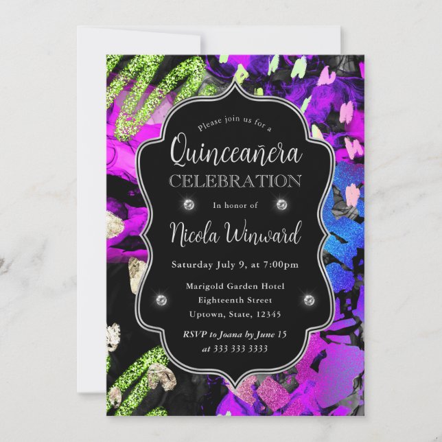 Rainbow Neon Abstract Glitter Quinceanera Invitation (Front)