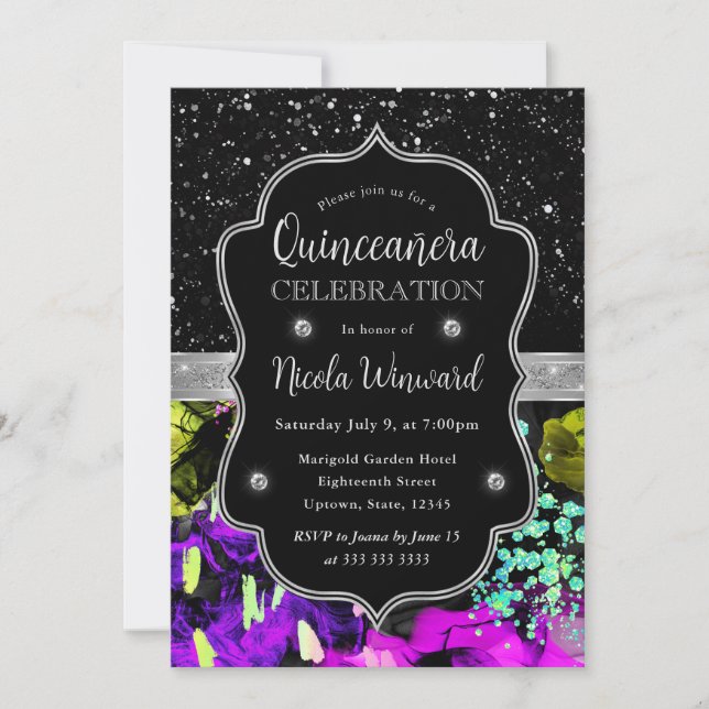 Rainbow Neon Abstract Glitter Quinceanera Invitation (Front)