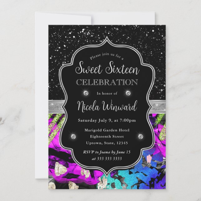 Rainbow Neon Abstract Glitter Sweet 16 Invitation (Front)