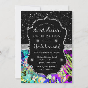 Rainbow Neon Abstract Glitter Sweet 16 Invitation