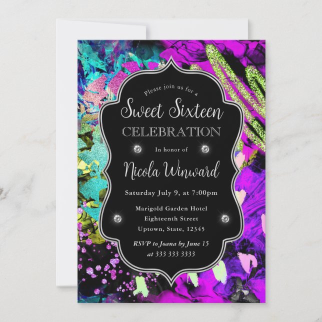 Rainbow Neon Abstract Glitter Sweet 16 Invitation (Front)