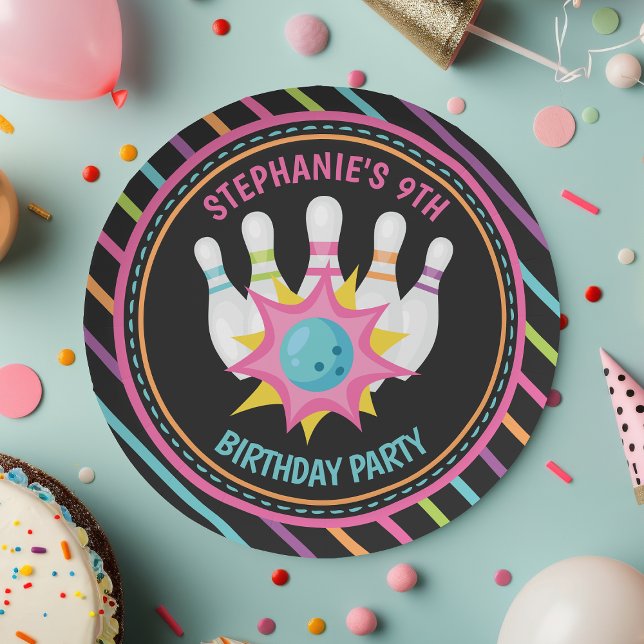 Rainbow Neon Bowling Birthday Party Paper Plate (Creator Uploaded)