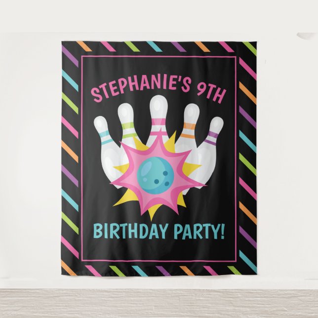 Rainbow Neon Bowling Birthday Party Photo Backdrop Tapestry (Front)