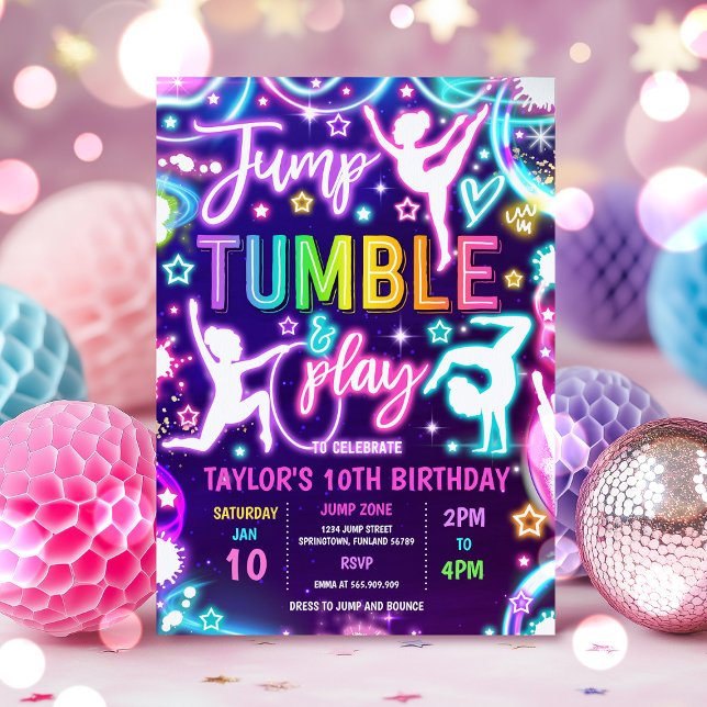 Rainbow Neon Glow Jump Gymnastics Birthday Party Invitation (Creator Uploaded)