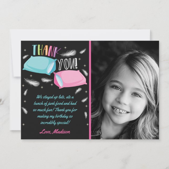 Rainbow Neon Slumber Party Birthday Photo Thank You Card (Front)