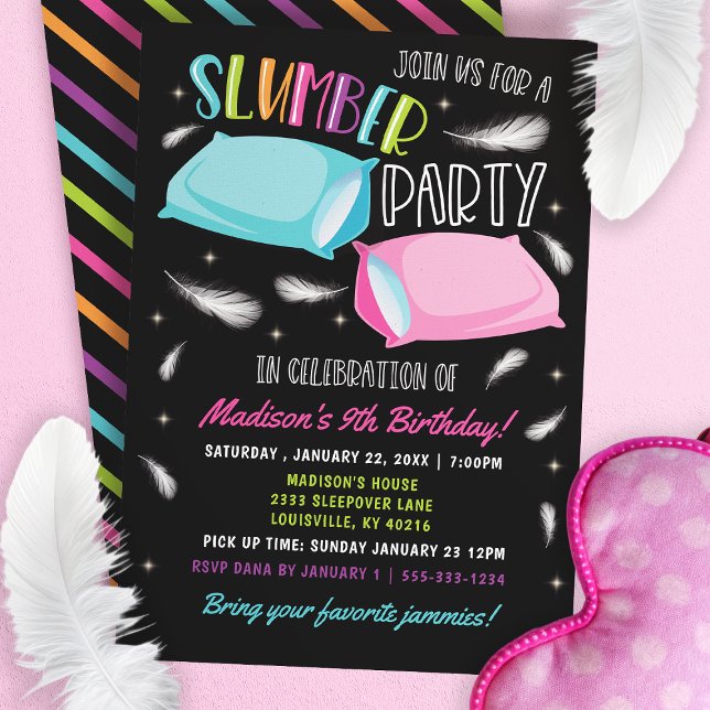Rainbow Neon Slumber Party Sleepover Birthday Invitation (Creator Uploaded)