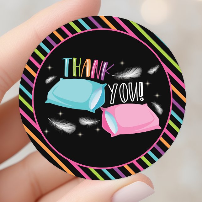 Rainbow Neon Slumber Party Sleepover Thank You Classic Round Sticker (Creator Uploaded)