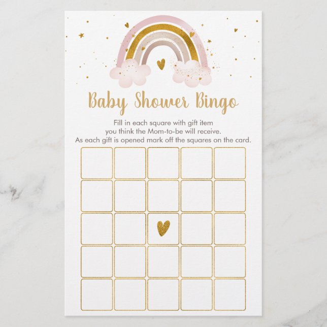 Rainbow Neutral Gold Pastel Baby Shower Bingo Game (Front)