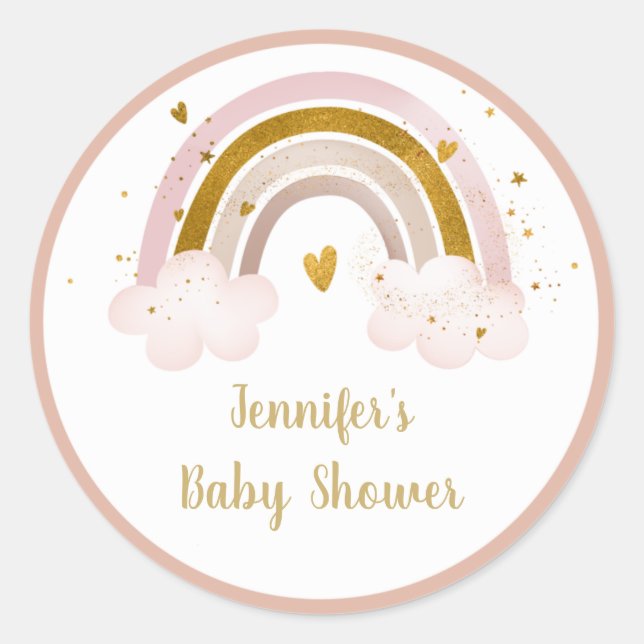 Rainbow Neutral Gold Pastel Baby Shower Classic Round Sticker (Front)