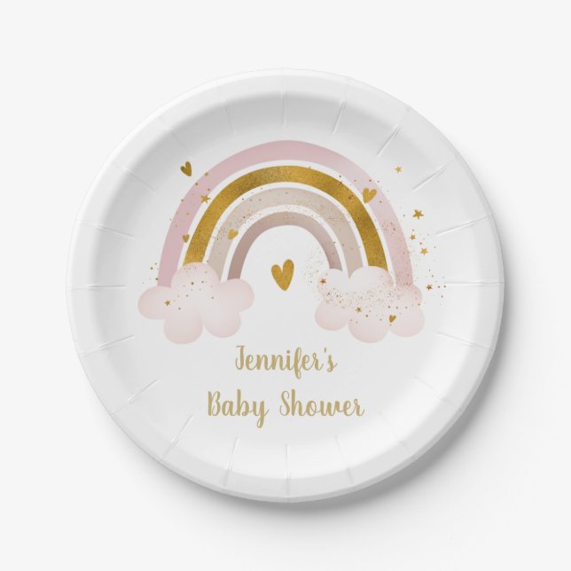 Rainbow Neutral Gold Pastel Baby Shower Paper Plate (Front)