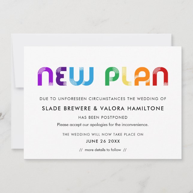 Rainbow New plan postponed wedding card (Front)