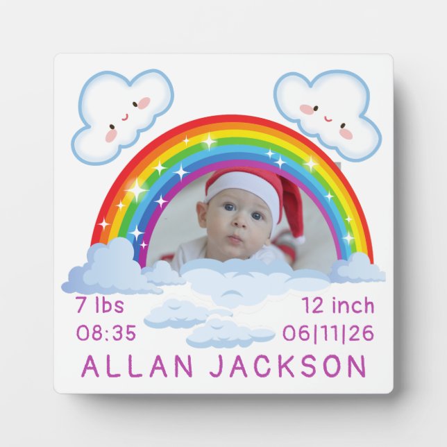 Rainbow Newborn Photo personalised Baby Gift Plaque (Front)