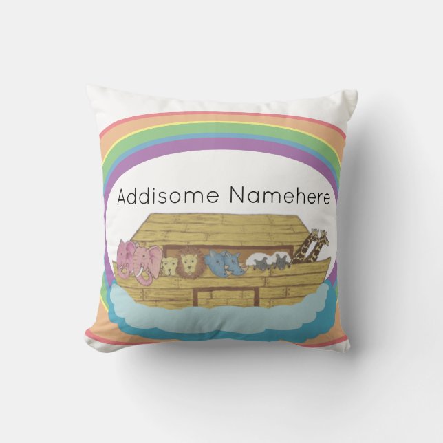 Rainbow Noah's Ark on White custom Name Cushion (Front)