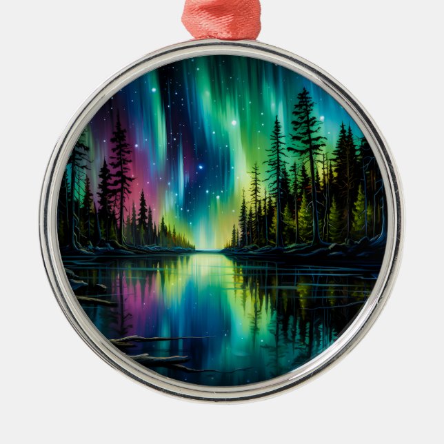 Rainbow Northern Lights Reflection on Water Metal Tree Decoration (Front)