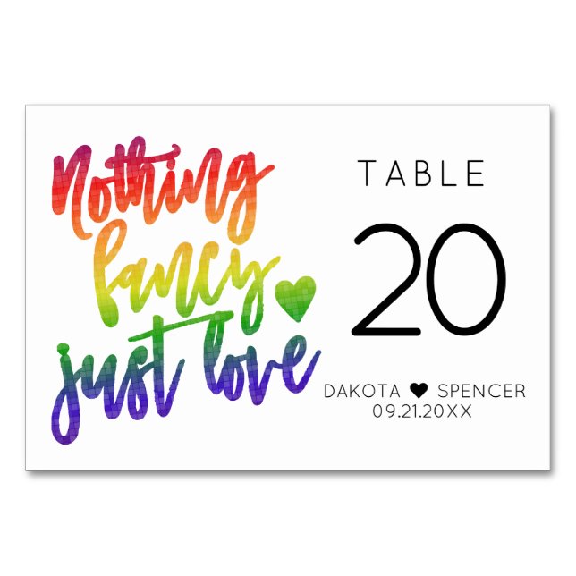 Rainbow Nothing Fancy Just Love | Casual Wedding Table Number (Back)