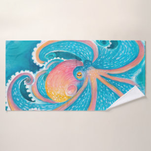Rainbow Octopus Kraken Tentacles Teal Watercolor Bath Towel Set