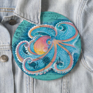 Rainbow Octopus Teal Vintage Map 6 Cm Round Badge