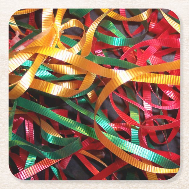 Rainbow of Christmas Ribbons Modern Square Paper Coaster (Front)
