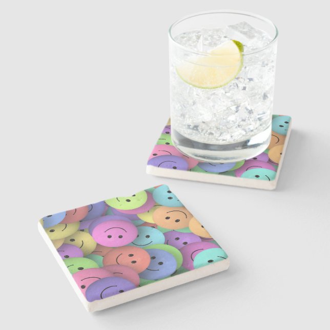 Rainbow of Colourful Happy Faces Stone Coaster (Side)