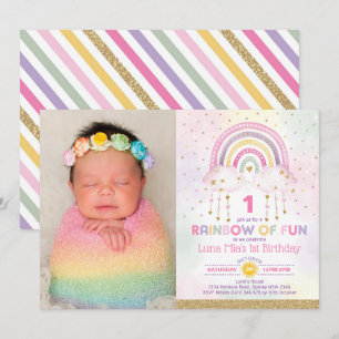 Rainbow of Fun Clouds Stars Girls Birthday Party Invitation
