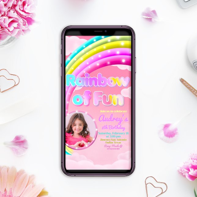 Rainbow of Fun with Photo Cellphone Invite (Rainbow Birthday Mobile Phone Invitation with Photo)
