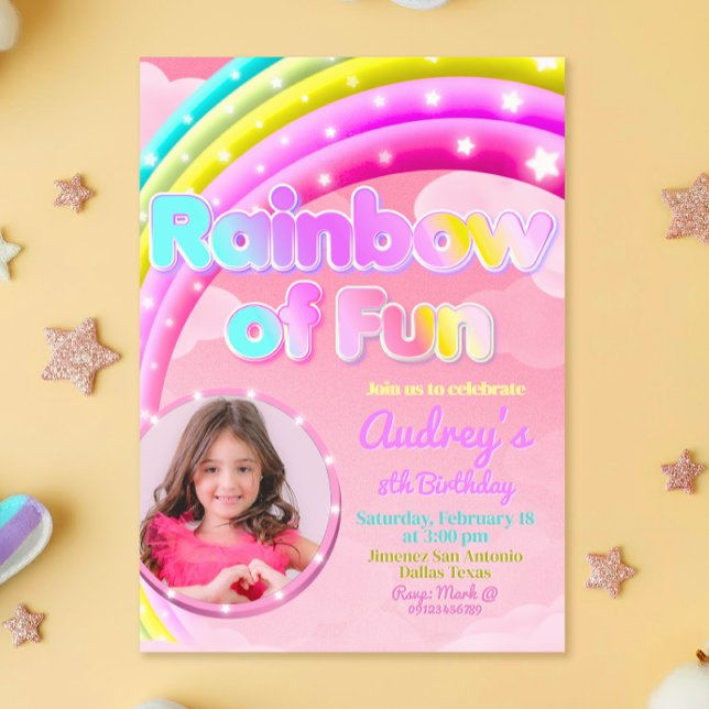 Rainbow of Fun with Picture Invitation (Rainbow of Fun - Girl Birthday Invitation with Photo)
