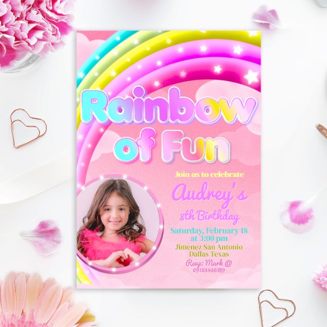 Rainbow of Fun with Picture Invitation (Rainbow of Fun - Girl Birthday Invitation with Photo)