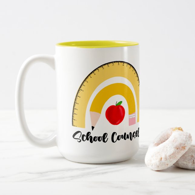 Rainbow of School Supplies School Counsellor Name Two-Tone Coffee Mug (With Donut)
