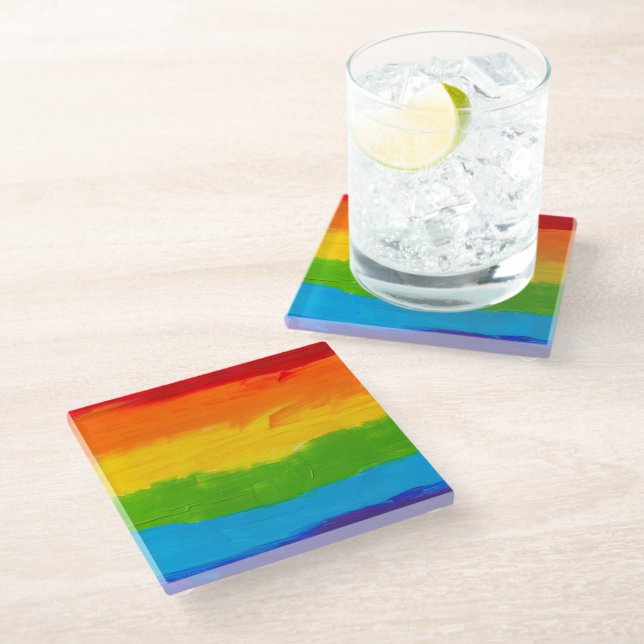 Rainbow Oil Paint LGBT Glass Coaster  (Angled)
