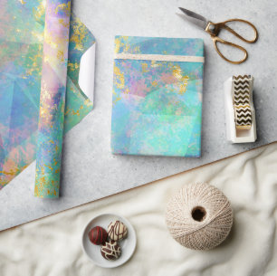 Rainbow Ombre and Gold Fire Opal Pattern Wrapping Paper