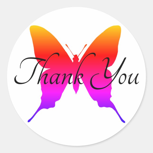 Rainbow Ombre Butterfly Thank You Classic Round Sticker (Front)