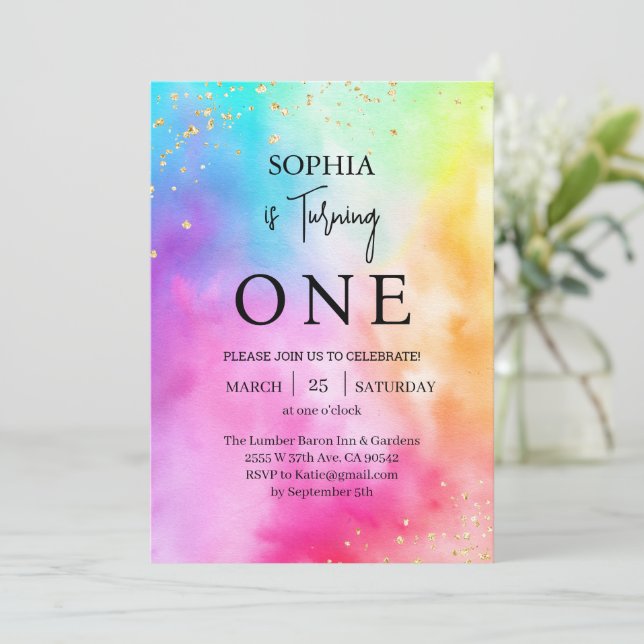 Rainbow Ombre Colourful Glitter 1st Birthday Party Invitation (Standing Front)