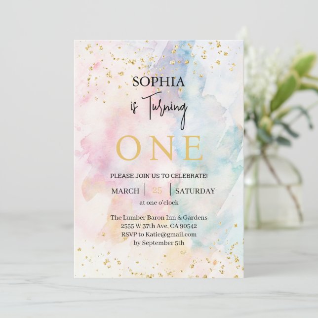 Rainbow Ombre Colourful Pastel Glitter 1st Birthda Invitation (Standing Front)