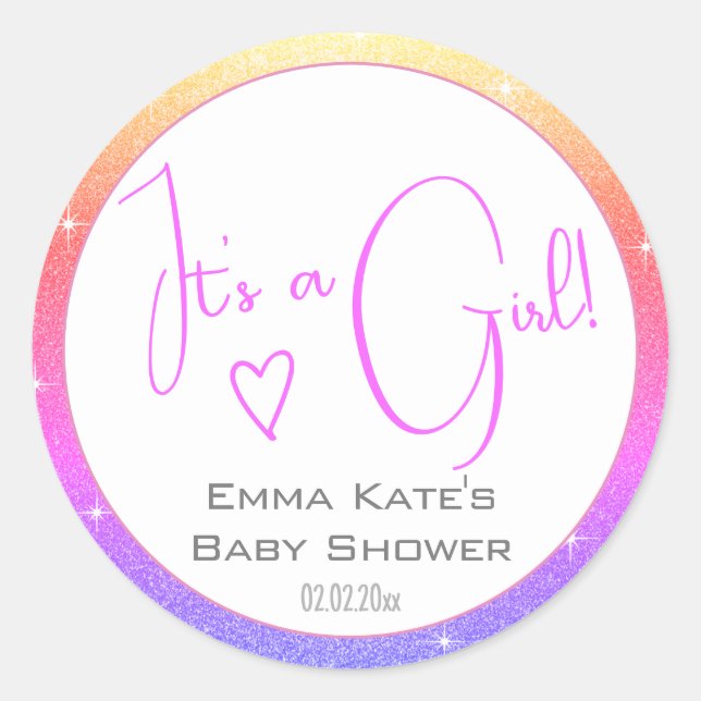 Rainbow Ombre Cute Glitter Stars Frame Baby Shower Classic Round Sticker (Front)