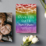 Rainbow Ombre Gay Wedding Save the Date<br><div class="desc">Save the date card for a gay wedding with a rainbow ombre background and pretty fairy lights. Add your names in a charming script and a photo on the back.</div>